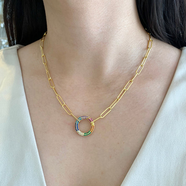 Collar cadena paper clip candado circulo colores