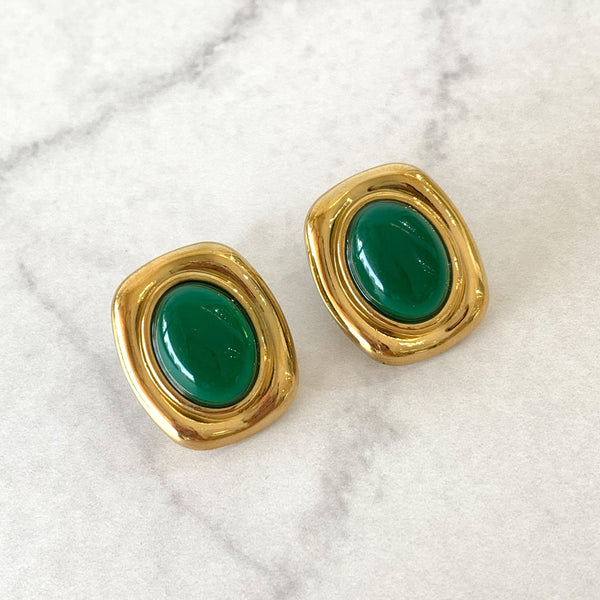 Aretes vintage rectangulo con piedra verde