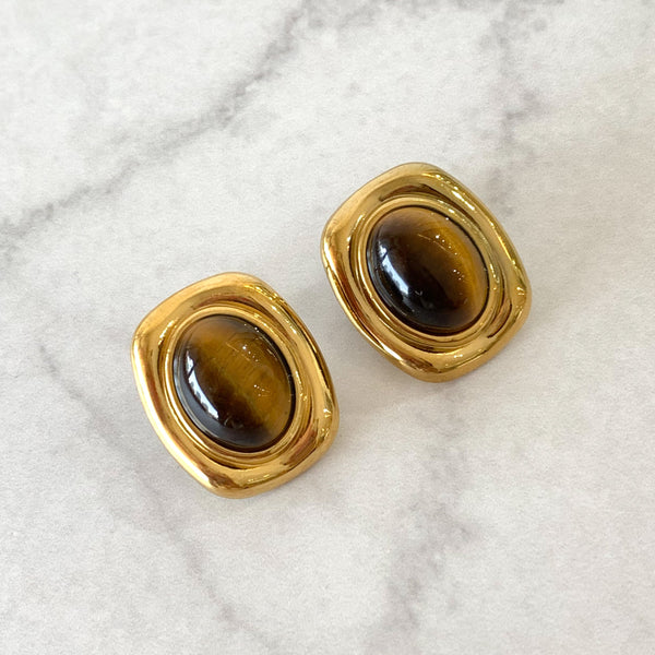 Aretes vintage rectangulo con piedra café