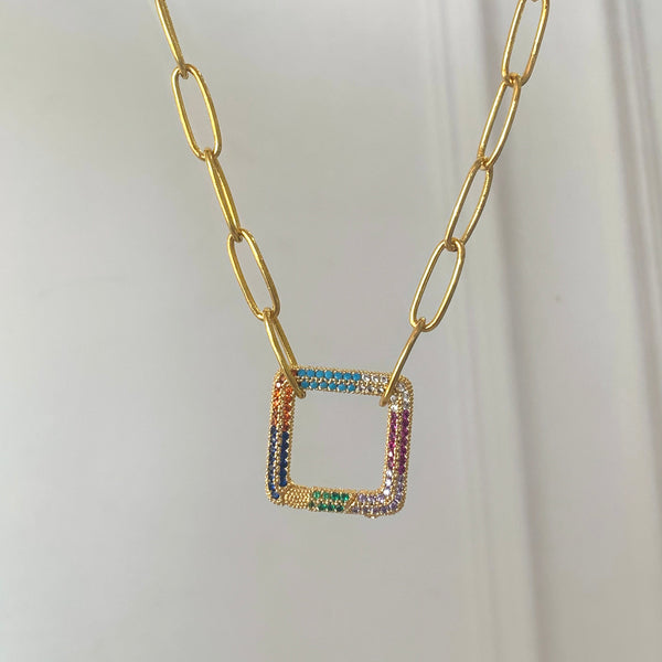 Collar cadena paper clip candado rombo colores