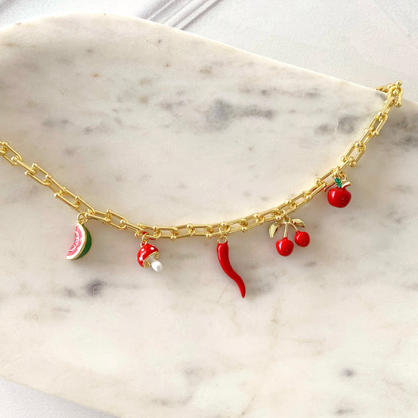 Collar charms honguito, cerezas