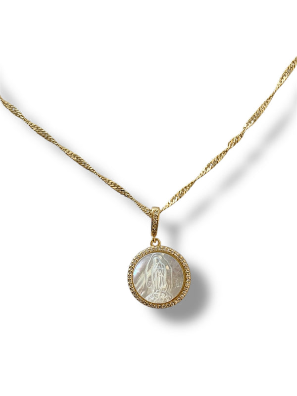 Collar virgen madre perla con brillos contorno