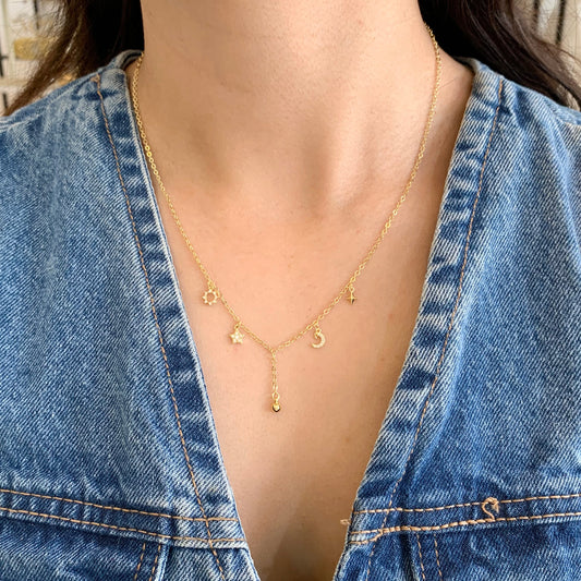 Collar dijes Estrellas , lunita y bolita